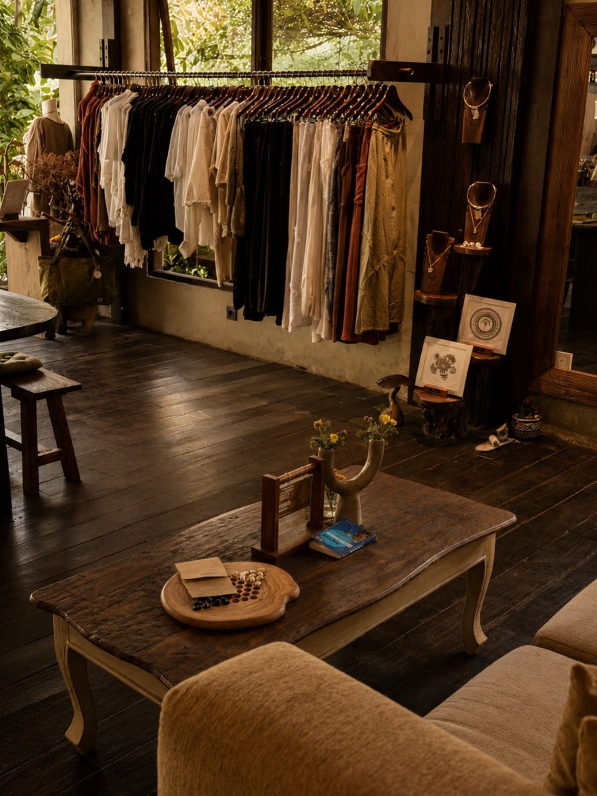 downstairs — the shop and the living room